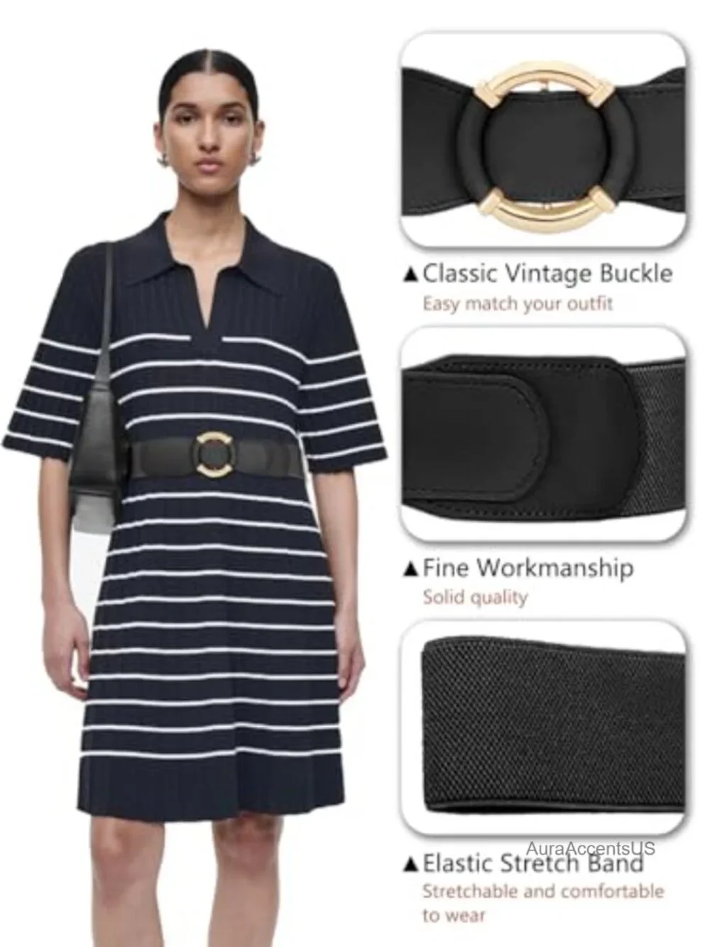 Women Elastic Stretch Belt Faux Leather Retro Circle Buckle